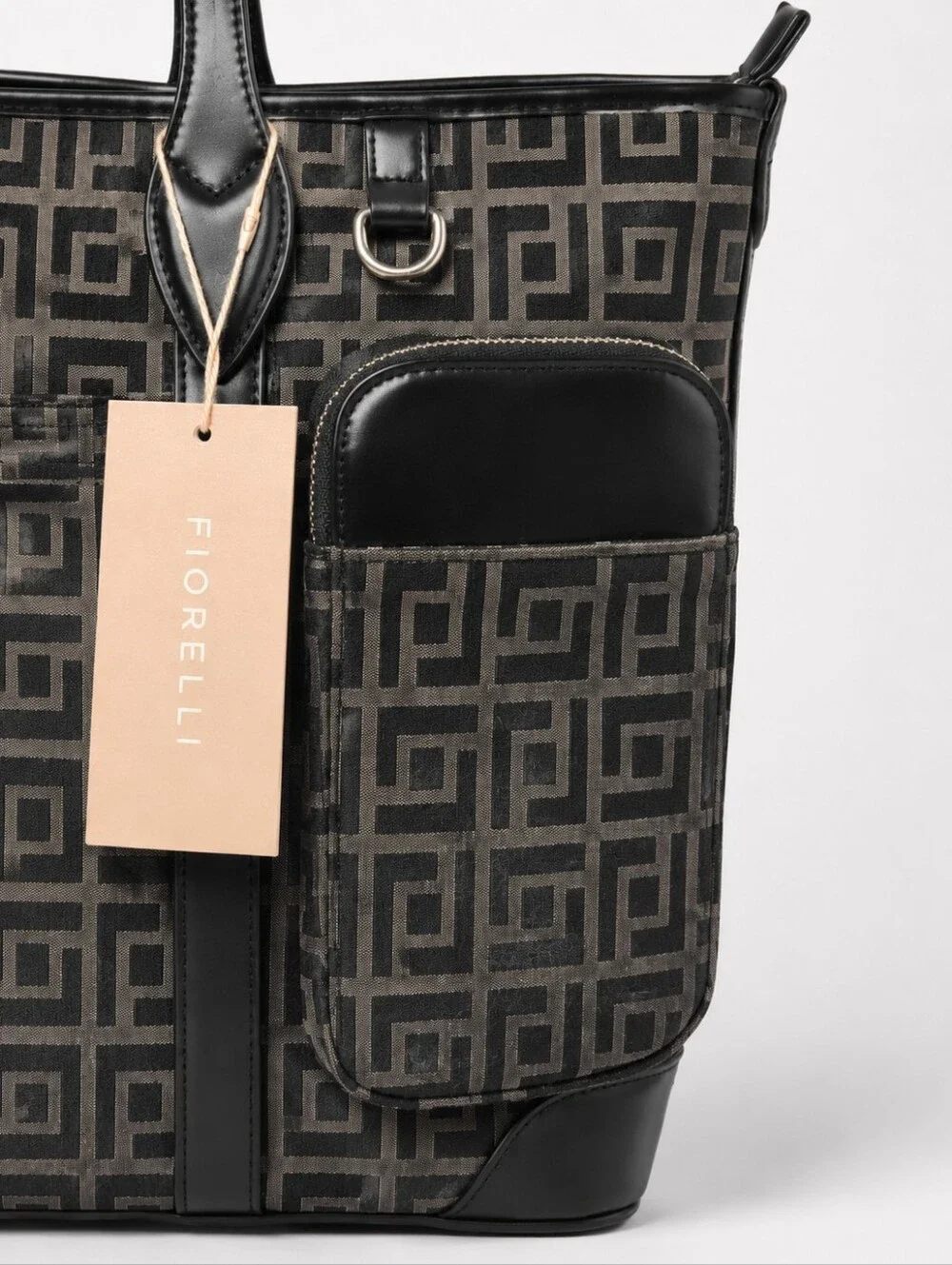 Fiorelli Black Taupe Geometric Multi Pocket Tote Bag NWT